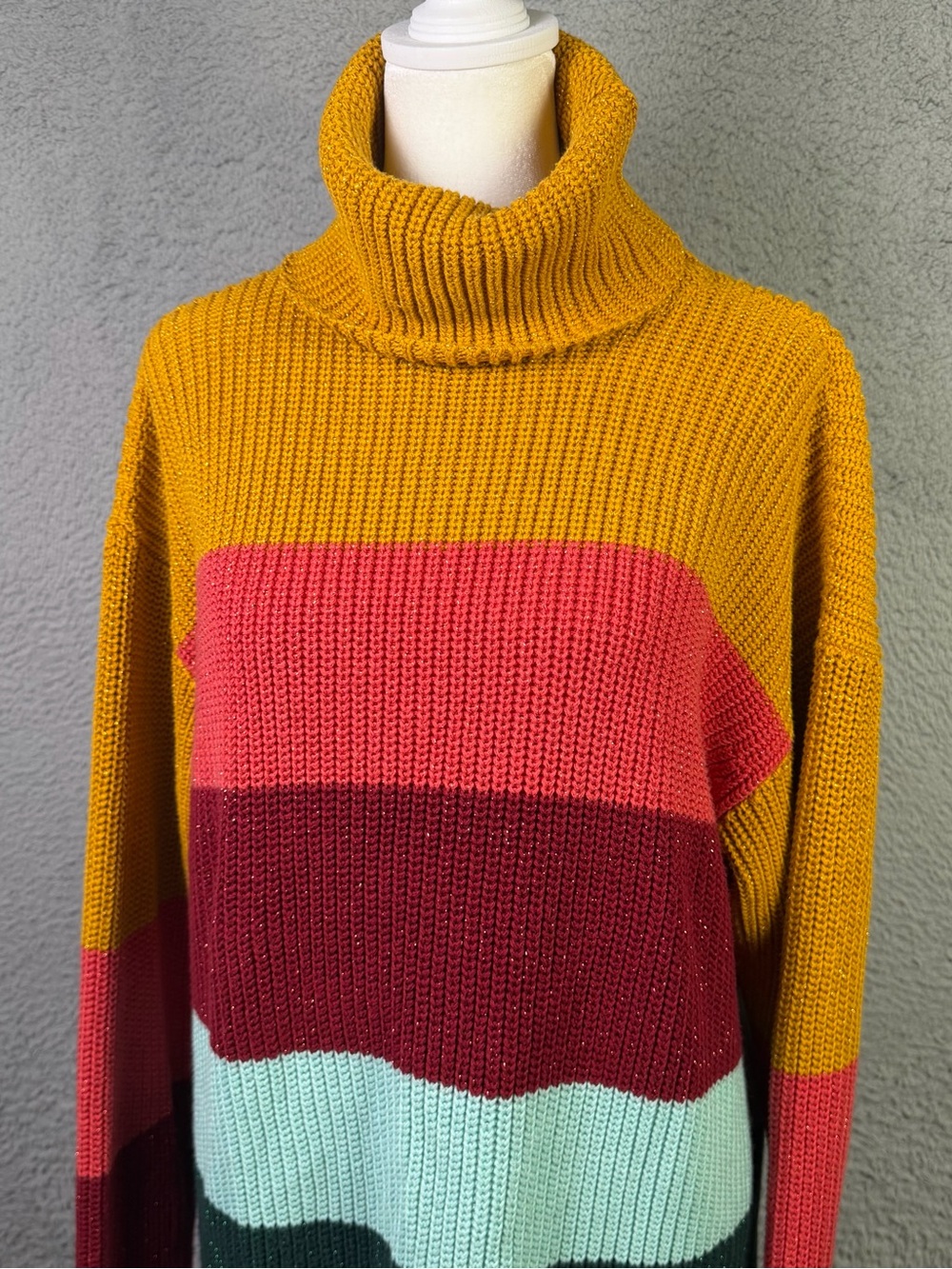 Farm Rio Boldly Striped Sweater Dress Womens XS Multi Turtleneck Metallic Knit - Picture 2 of 10